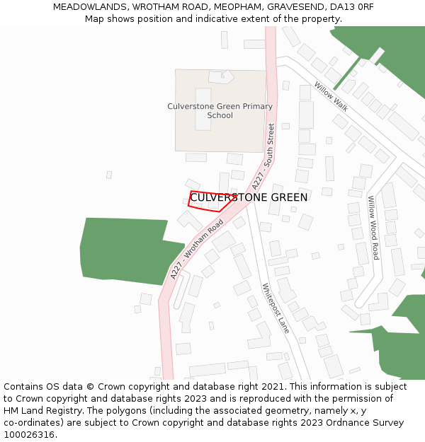 MEADOWLANDS, WROTHAM ROAD, MEOPHAM, GRAVESEND, DA13 0RF: Location map and indicative extent of plot