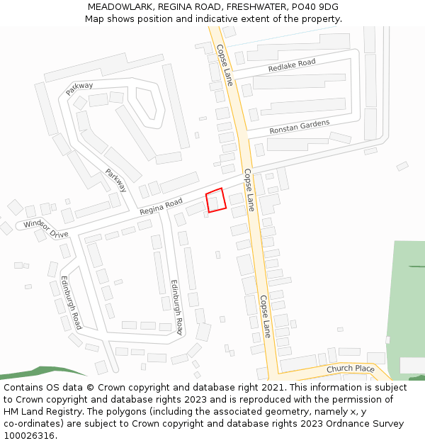 MEADOWLARK, REGINA ROAD, FRESHWATER, PO40 9DG: Location map and indicative extent of plot