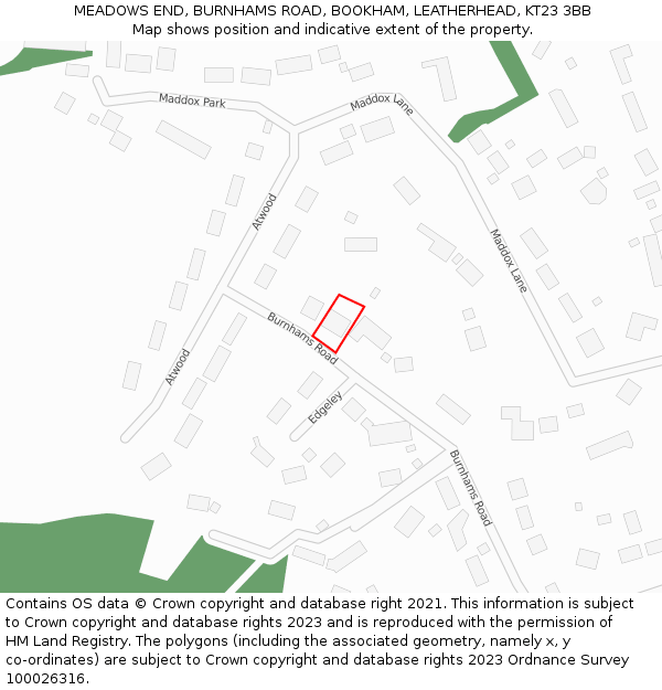 MEADOWS END, BURNHAMS ROAD, BOOKHAM, LEATHERHEAD, KT23 3BB: Location map and indicative extent of plot