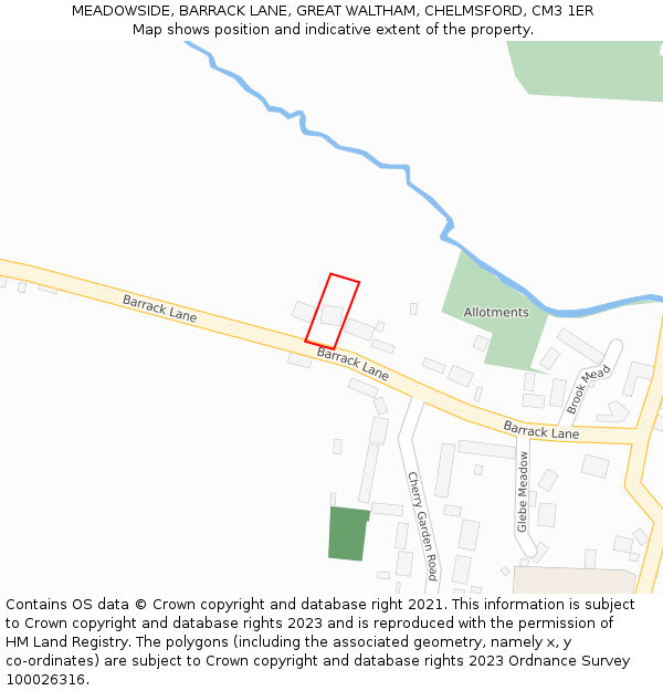 MEADOWSIDE, BARRACK LANE, GREAT WALTHAM, CHELMSFORD, CM3 1ER: Location map and indicative extent of plot