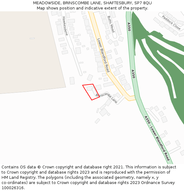 MEADOWSIDE, BRINSCOMBE LANE, SHAFTESBURY, SP7 8QU: Location map and indicative extent of plot