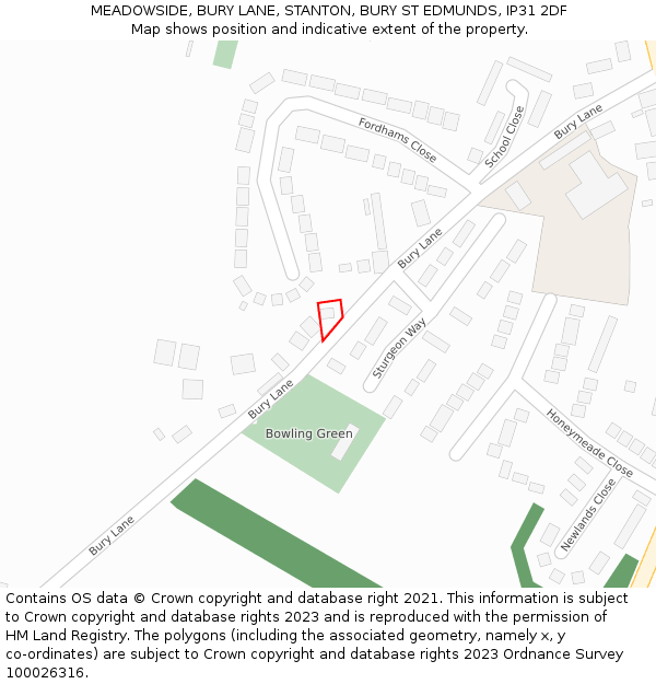 MEADOWSIDE, BURY LANE, STANTON, BURY ST EDMUNDS, IP31 2DF: Location map and indicative extent of plot