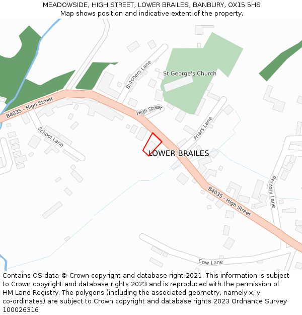 MEADOWSIDE, HIGH STREET, LOWER BRAILES, BANBURY, OX15 5HS: Location map and indicative extent of plot