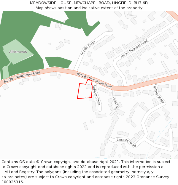 MEADOWSIDE HOUSE, NEWCHAPEL ROAD, LINGFIELD, RH7 6BJ: Location map and indicative extent of plot