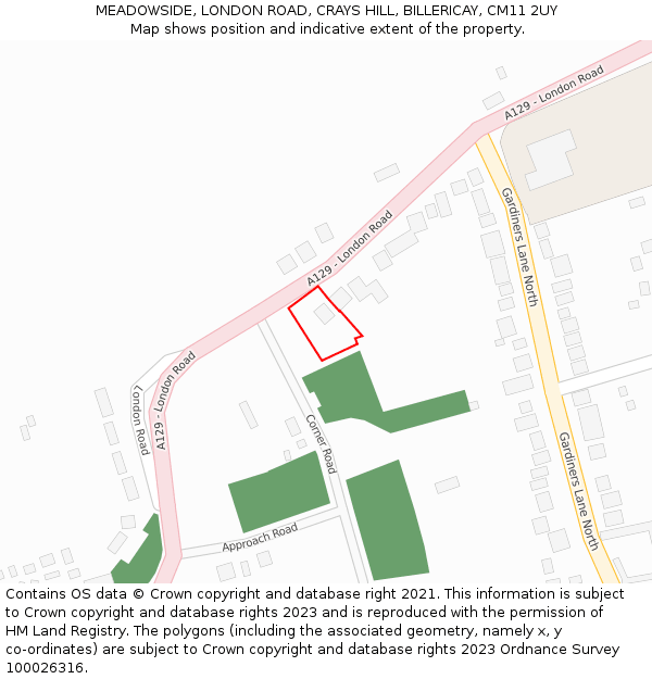 MEADOWSIDE, LONDON ROAD, CRAYS HILL, BILLERICAY, CM11 2UY: Location map and indicative extent of plot