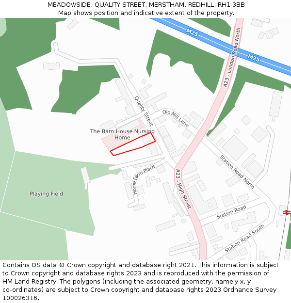 MEADOWSIDE, QUALITY STREET, MERSTHAM, REDHILL, RH1 3BB: Location map and indicative extent of plot