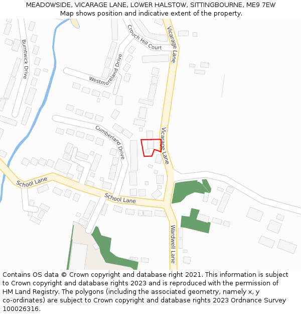 MEADOWSIDE, VICARAGE LANE, LOWER HALSTOW, SITTINGBOURNE, ME9 7EW: Location map and indicative extent of plot
