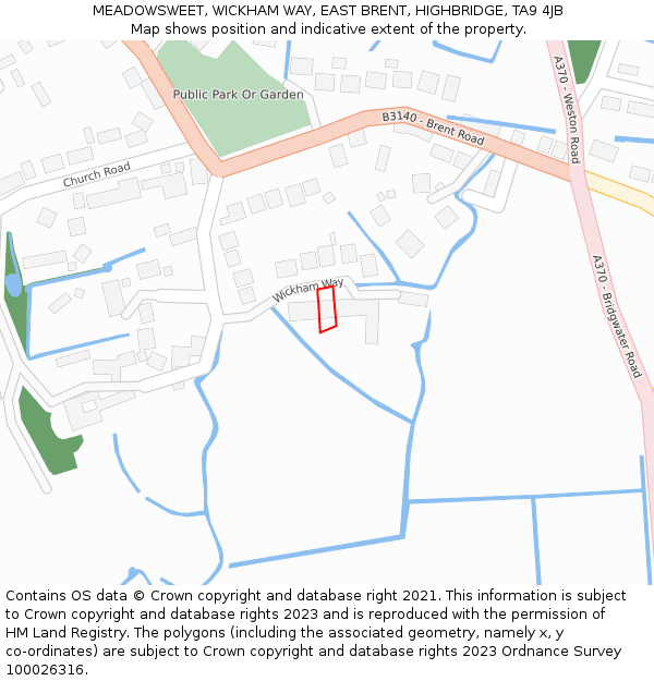 MEADOWSWEET, WICKHAM WAY, EAST BRENT, HIGHBRIDGE, TA9 4JB: Location map and indicative extent of plot