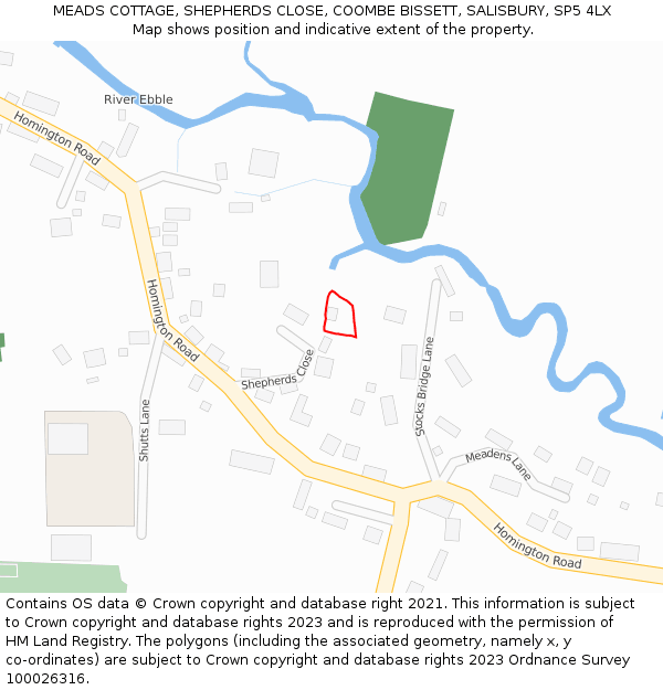 MEADS COTTAGE, SHEPHERDS CLOSE, COOMBE BISSETT, SALISBURY, SP5 4LX: Location map and indicative extent of plot