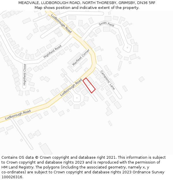 MEADVALE, LUDBOROUGH ROAD, NORTH THORESBY, GRIMSBY, DN36 5RF: Location map and indicative extent of plot