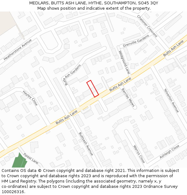 MEDLARS, BUTTS ASH LANE, HYTHE, SOUTHAMPTON, SO45 3QY: Location map and indicative extent of plot