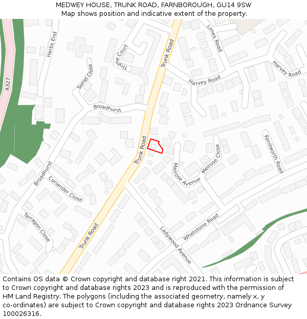 MEDWEY HOUSE, TRUNK ROAD, FARNBOROUGH, GU14 9SW: Location map and indicative extent of plot