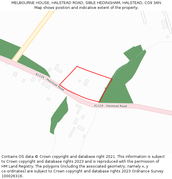 MELBOURNE HOUSE, HALSTEAD ROAD, SIBLE HEDINGHAM, HALSTEAD, CO9 3AN: Location map and indicative extent of plot