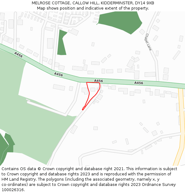 MELROSE COTTAGE, CALLOW HILL, KIDDERMINSTER, DY14 9XB: Location map and indicative extent of plot