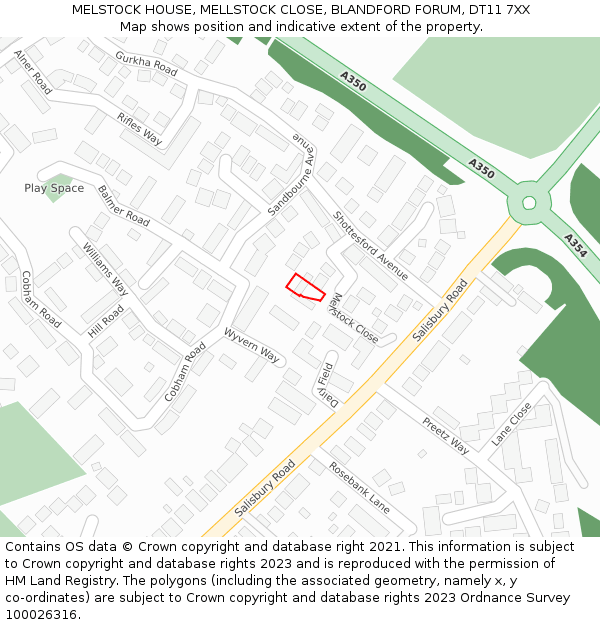 MELSTOCK HOUSE, MELLSTOCK CLOSE, BLANDFORD FORUM, DT11 7XX: Location map and indicative extent of plot