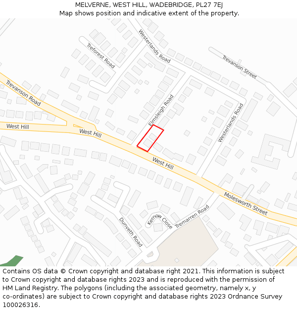 MELVERNE, WEST HILL, WADEBRIDGE, PL27 7EJ: Location map and indicative extent of plot