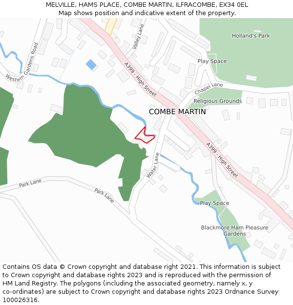 MELVILLE, HAMS PLACE, COMBE MARTIN, ILFRACOMBE, EX34 0EL: Location map and indicative extent of plot