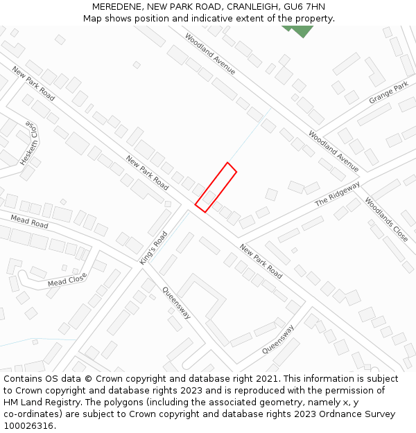 MEREDENE, NEW PARK ROAD, CRANLEIGH, GU6 7HN: Location map and indicative extent of plot