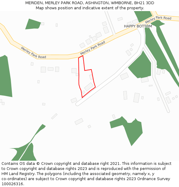 MERIDEN, MERLEY PARK ROAD, ASHINGTON, WIMBORNE, BH21 3DD: Location map and indicative extent of plot
