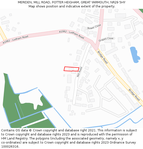 MERIDEN, MILL ROAD, POTTER HEIGHAM, GREAT YARMOUTH, NR29 5HY: Location map and indicative extent of plot