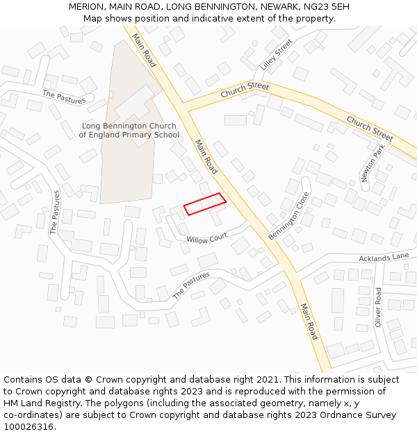 MERION, MAIN ROAD, LONG BENNINGTON, NEWARK, NG23 5EH: Location map and indicative extent of plot