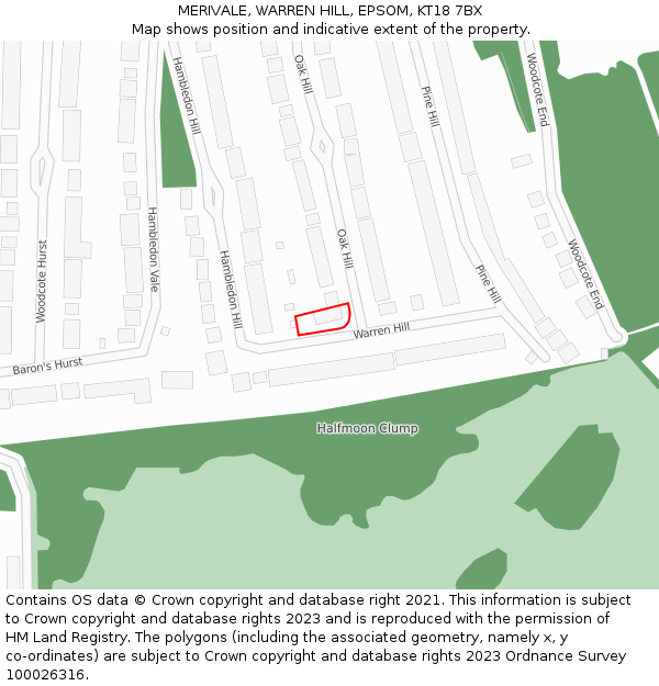 MERIVALE, WARREN HILL, EPSOM, KT18 7BX: Location map and indicative extent of plot