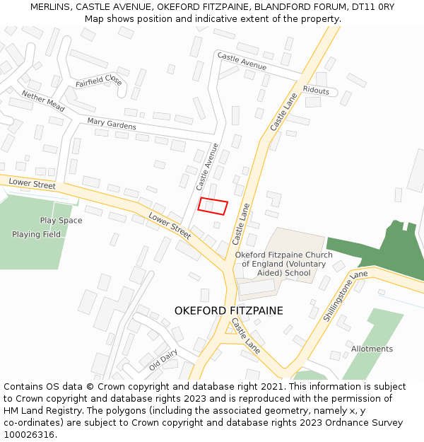 MERLINS, CASTLE AVENUE, OKEFORD FITZPAINE, BLANDFORD FORUM, DT11 0RY: Location map and indicative extent of plot