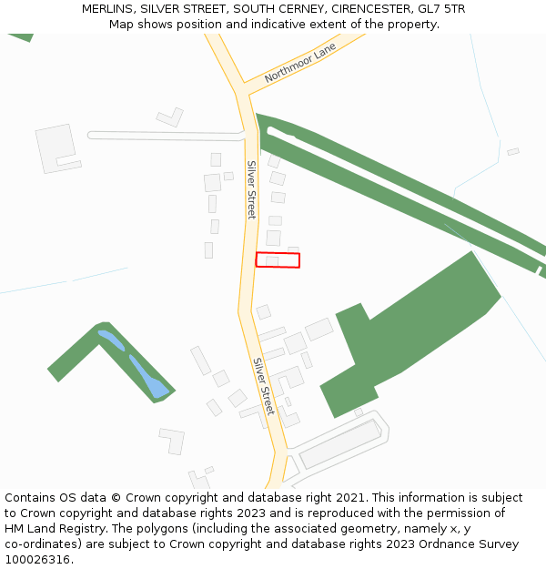MERLINS, SILVER STREET, SOUTH CERNEY, CIRENCESTER, GL7 5TR: Location map and indicative extent of plot