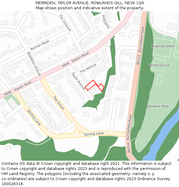 MERRIDEN, TAYLOR AVENUE, ROWLANDS GILL, NE39 1QA: Location map and indicative extent of plot