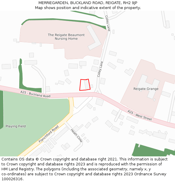 MERRIEGARDEN, BUCKLAND ROAD, REIGATE, RH2 9JP: Location map and indicative extent of plot
