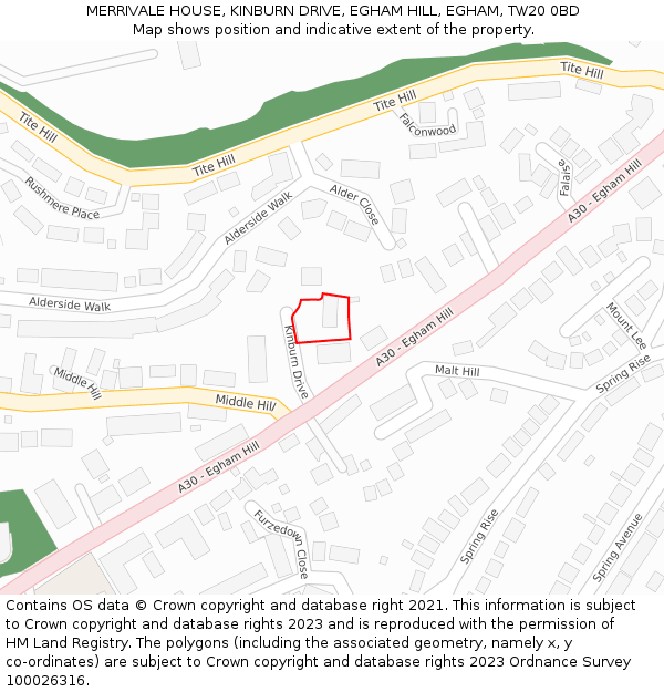 MERRIVALE HOUSE, KINBURN DRIVE, EGHAM HILL, EGHAM, TW20 0BD: Location map and indicative extent of plot