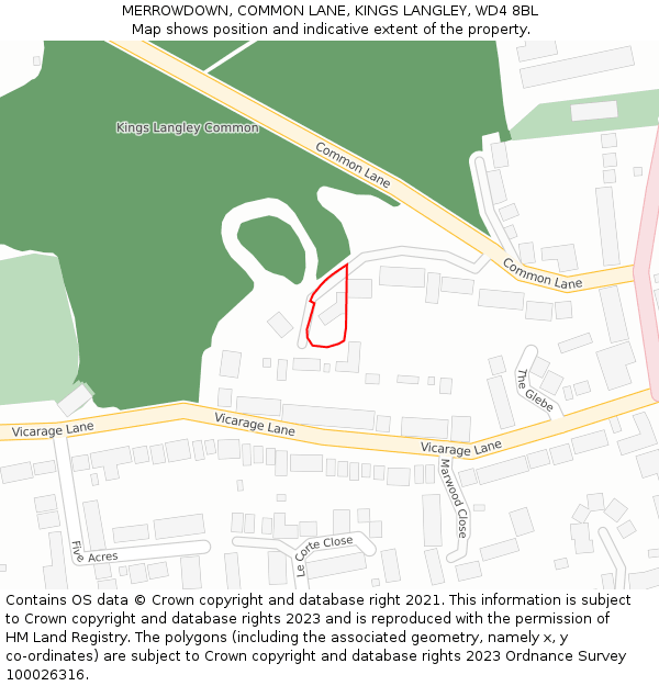 MERROWDOWN, COMMON LANE, KINGS LANGLEY, WD4 8BL: Location map and indicative extent of plot