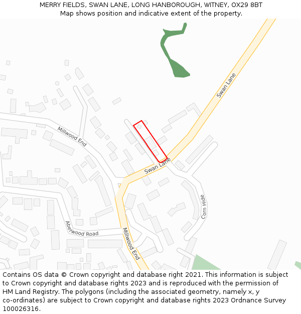 MERRY FIELDS, SWAN LANE, LONG HANBOROUGH, WITNEY, OX29 8BT: Location map and indicative extent of plot