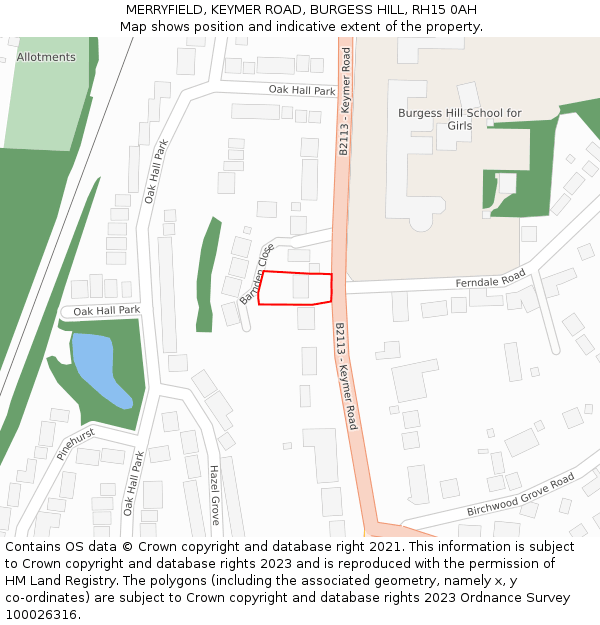 MERRYFIELD, KEYMER ROAD, BURGESS HILL, RH15 0AH: Location map and indicative extent of plot