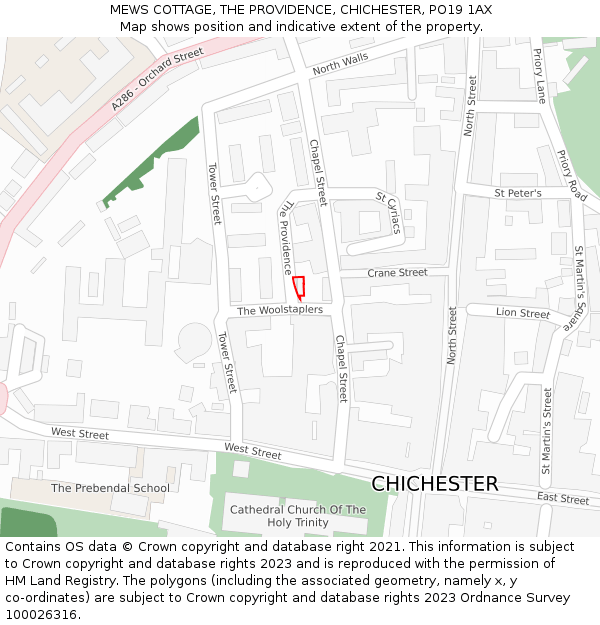MEWS COTTAGE, THE PROVIDENCE, CHICHESTER, PO19 1AX: Location map and indicative extent of plot