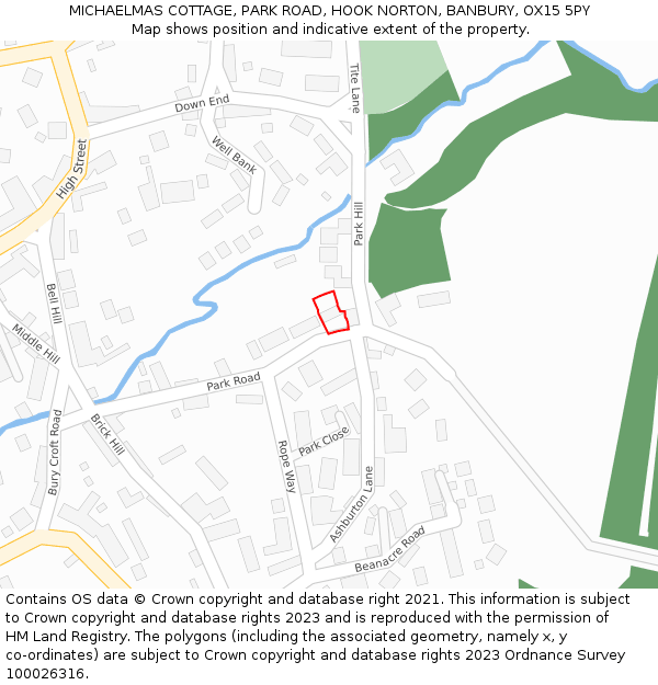 MICHAELMAS COTTAGE, PARK ROAD, HOOK NORTON, BANBURY, OX15 5PY: Location map and indicative extent of plot