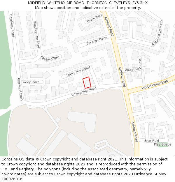 MIDFIELD, WHITEHOLME ROAD, THORNTON-CLEVELEYS, FY5 3HX: Location map and indicative extent of plot