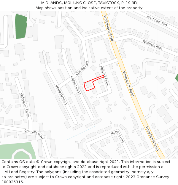 MIDLANDS, MOHUNS CLOSE, TAVISTOCK, PL19 9BJ: Location map and indicative extent of plot