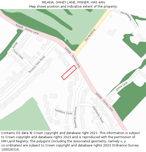 MILANA, OXHEY LANE, PINNER, HA5 4AN: Location map and indicative extent of plot