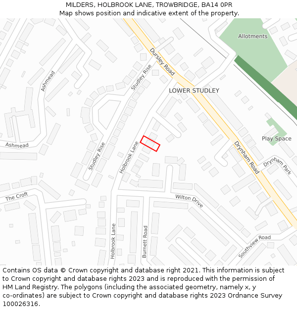 MILDERS, HOLBROOK LANE, TROWBRIDGE, BA14 0PR: Location map and indicative extent of plot