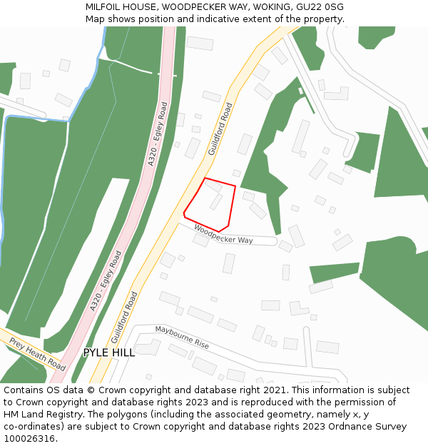 MILFOIL HOUSE, WOODPECKER WAY, WOKING, GU22 0SG: Location map and indicative extent of plot