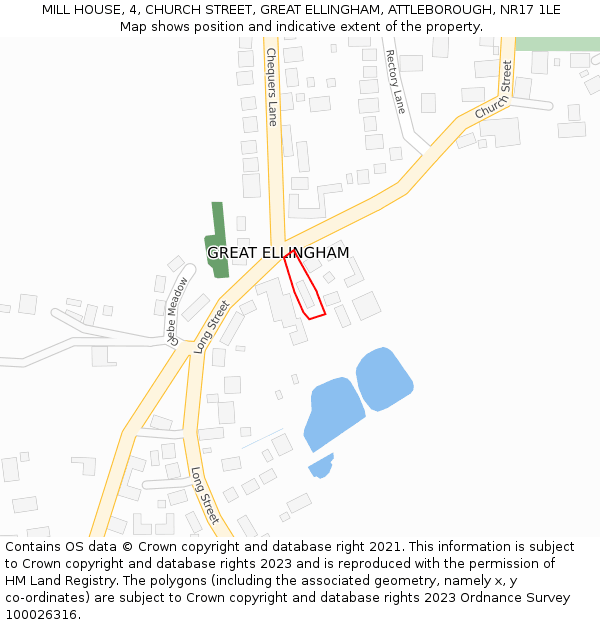 MILL HOUSE, 4, CHURCH STREET, GREAT ELLINGHAM, ATTLEBOROUGH, NR17 1LE: Location map and indicative extent of plot