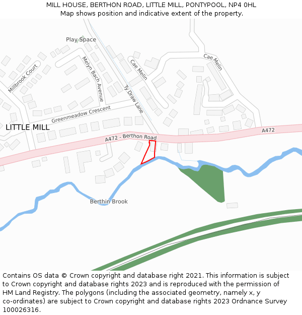 MILL HOUSE, BERTHON ROAD, LITTLE MILL, PONTYPOOL, NP4 0HL: Location map and indicative extent of plot