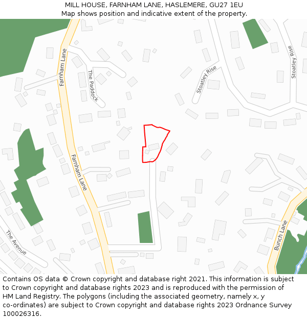 MILL HOUSE, FARNHAM LANE, HASLEMERE, GU27 1EU: Location map and indicative extent of plot