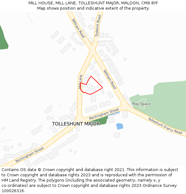MILL HOUSE, MILL LANE, TOLLESHUNT MAJOR, MALDON, CM9 8YF: Location map and indicative extent of plot