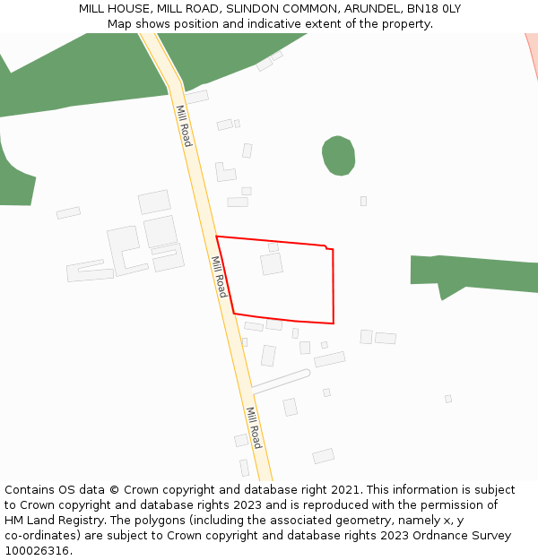 MILL HOUSE, MILL ROAD, SLINDON COMMON, ARUNDEL, BN18 0LY: Location map and indicative extent of plot