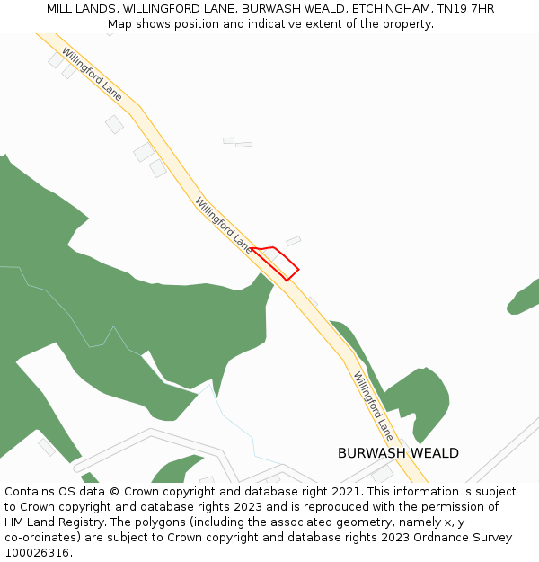 MILL LANDS, WILLINGFORD LANE, BURWASH WEALD, ETCHINGHAM, TN19 7HR: Location map and indicative extent of plot