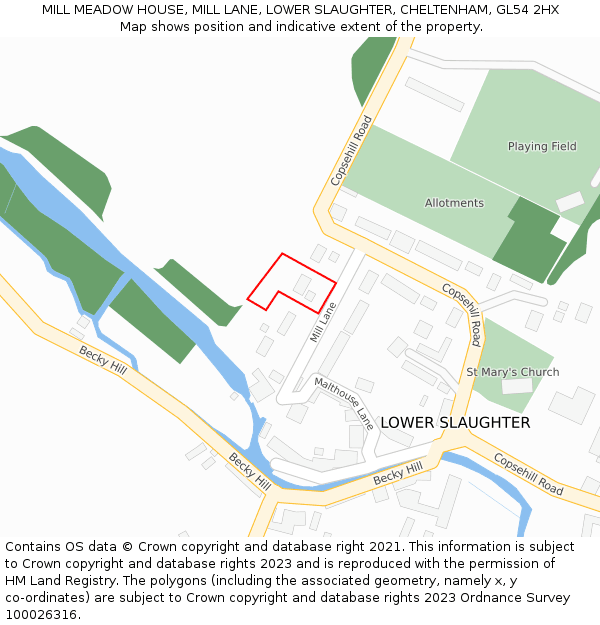 MILL MEADOW HOUSE, MILL LANE, LOWER SLAUGHTER, CHELTENHAM, GL54 2HX: Location map and indicative extent of plot