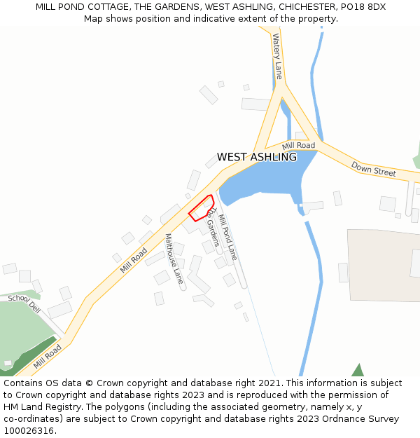 MILL POND COTTAGE, THE GARDENS, WEST ASHLING, CHICHESTER, PO18 8DX: Location map and indicative extent of plot