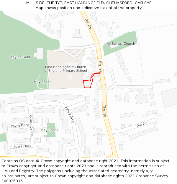 MILL SIDE, THE TYE, EAST HANNINGFIELD, CHELMSFORD, CM3 8AE: Location map and indicative extent of plot